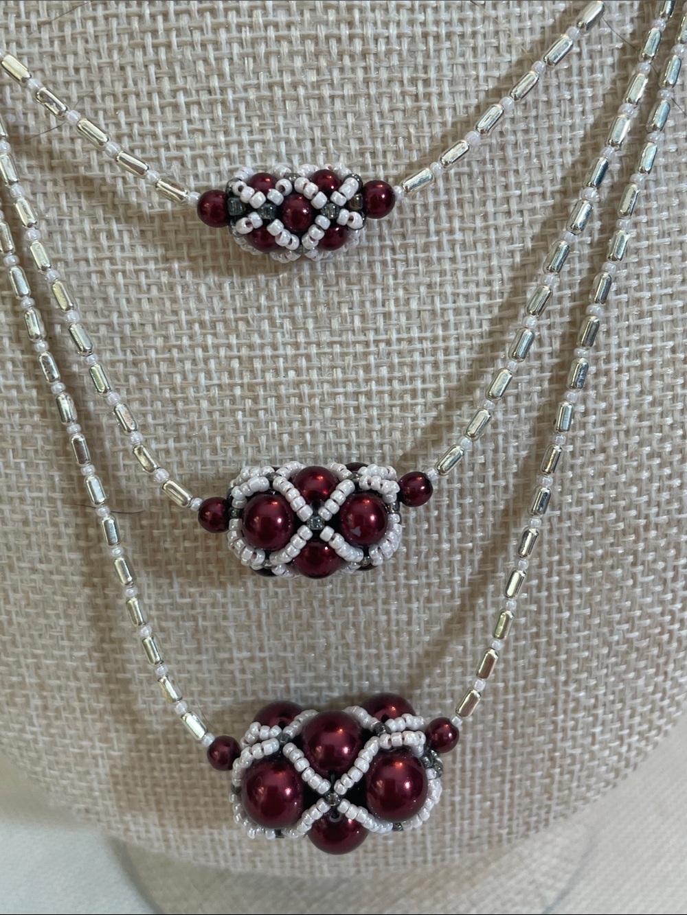 Triple Layer Silver and Burgundy Beaded Necklace Toggle Clasp 9.5” drop Handmade